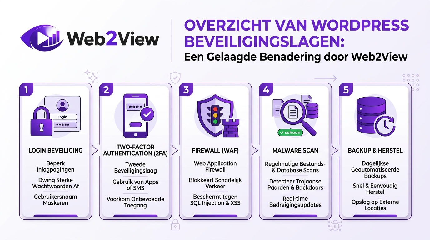 overzicht van wordpress beveiligingslagen met loginbeveiliging firewall malware scans en backups