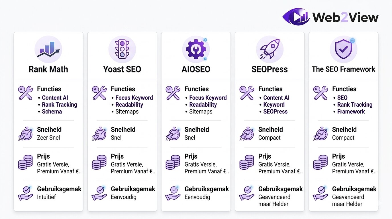 infographic met vergelijking van WordPress SEO plugins op functies, snelheid en prijs