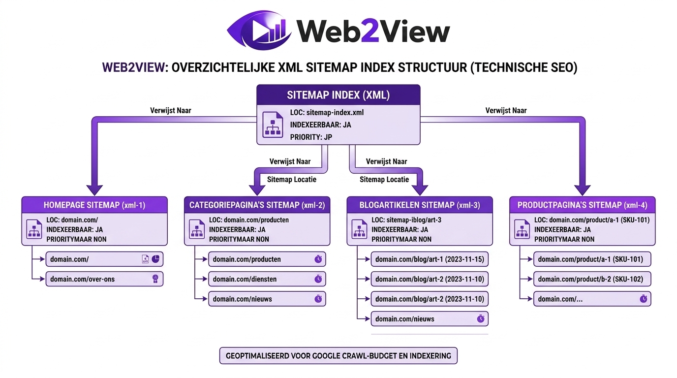 diagram van een xml sitemap met homepage categorieen artikelen en productpaginas