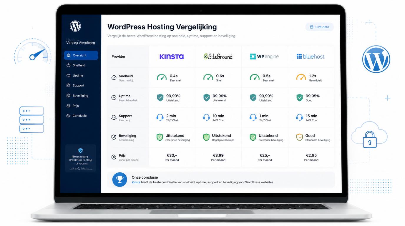 WordPress hosting vergelijking met snelheid uptime support en beveiliging op laptop