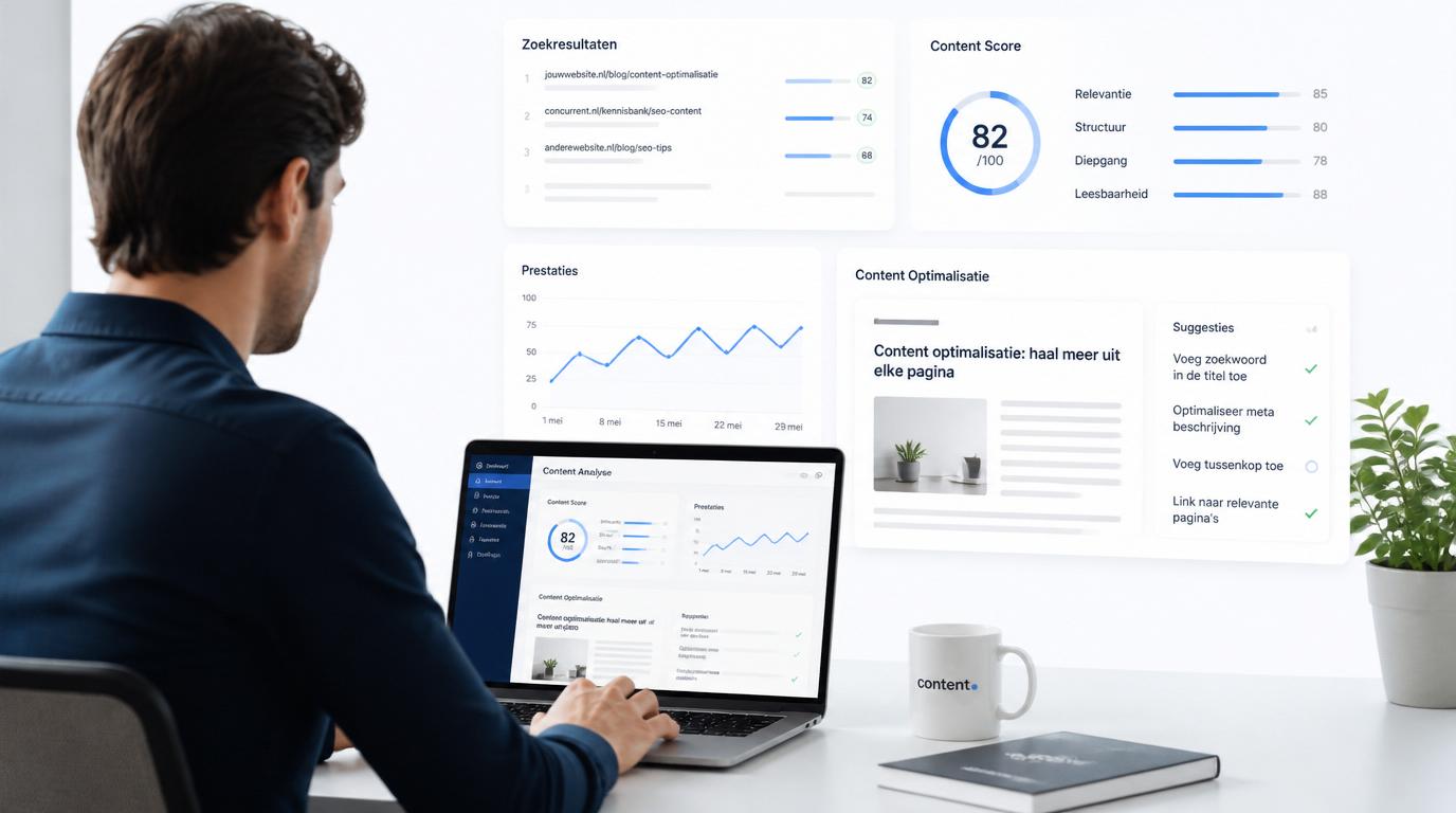 marketeer analyseert content optimalisatie met zoekresultaten en grafieken op laptop