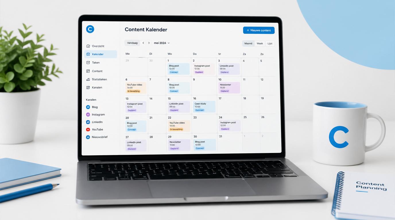 contentkalender op laptop met planning taken deadlines en kanalen