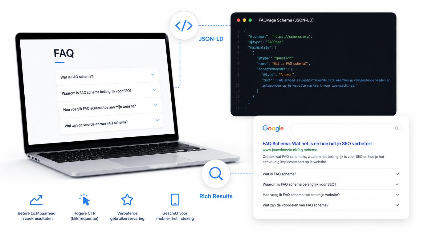 FAQ schema met JSON-LD code FAQ sectie en zoekresultaat op laptop
