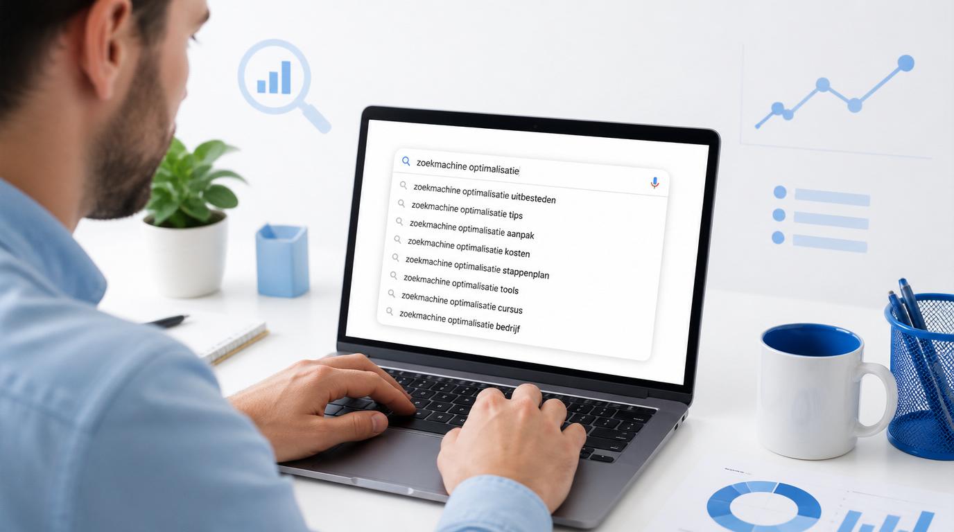 marketeer gebruikt Google Suggest voor zoektermenonderzoek op laptop