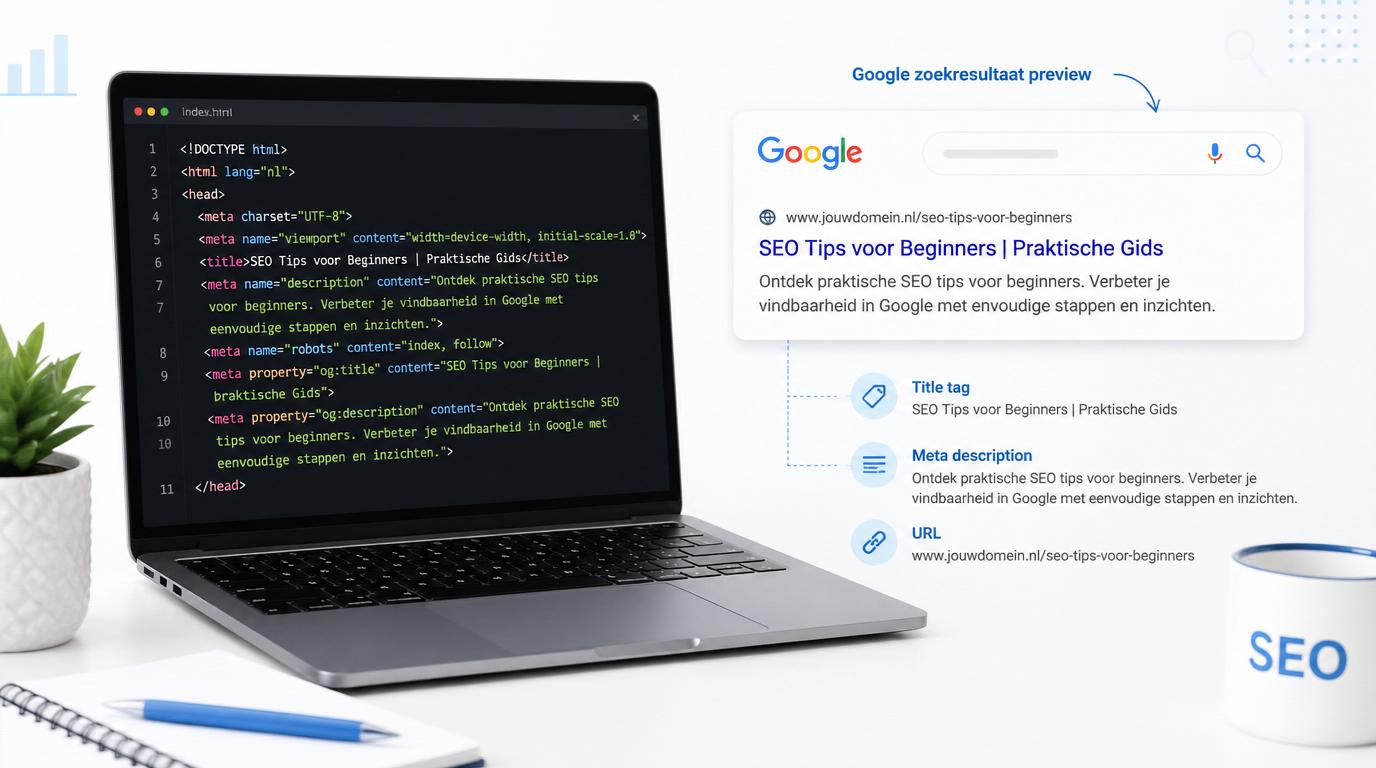 laptop met HTML meta tags en voorbeeld van zoekresultaat in Google