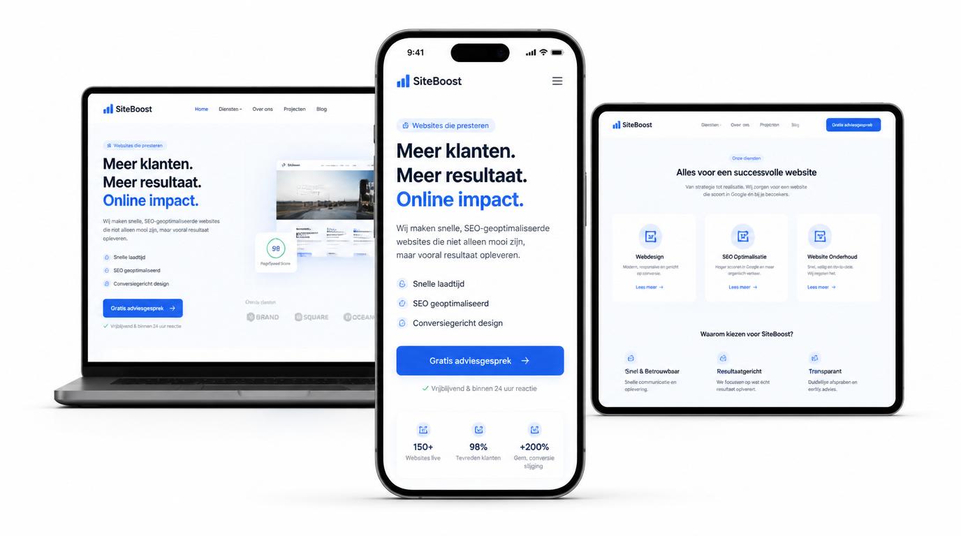 mobile first website ontwerp met smartphone centraal naast tablet en laptop