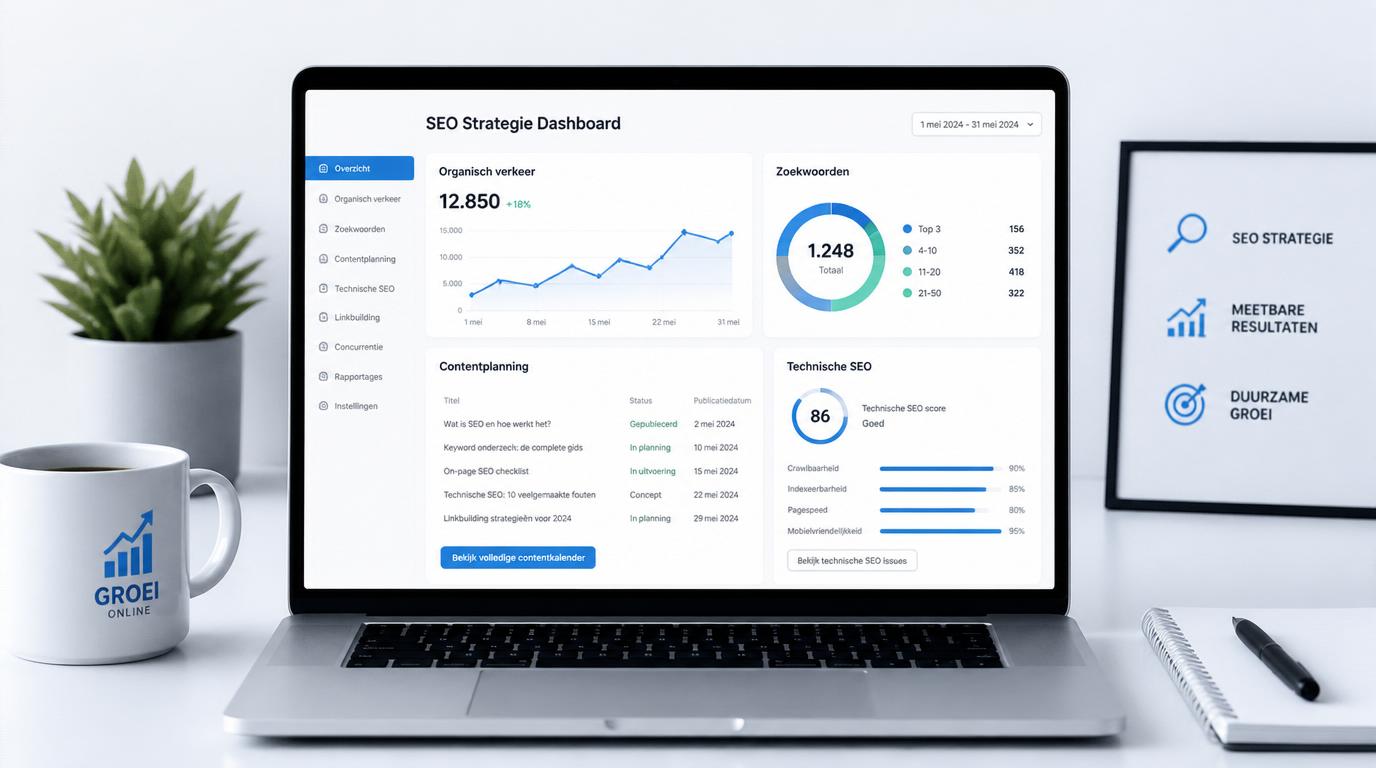 SEO strategie dashboard met organisch verkeer zoekwoorden contentplanning en technische SEO