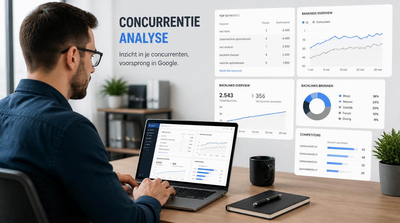 marketeer voert een SEO concurrentieanalyse uit met zoekwoorden rankings en backlinks