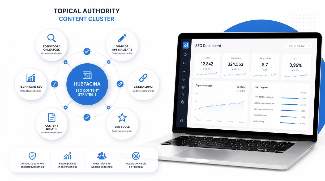 SEO content cluster met centrale hubpagina en ondersteunende artikelen voor topical authority