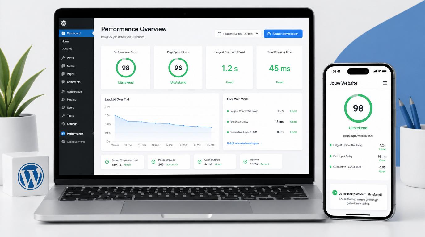 WordPress performance dashboard met snelheidsscore op laptop en mobiel