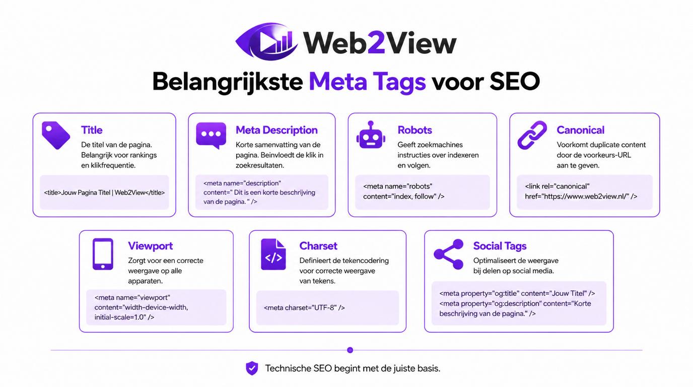 overzicht van belangrijkste meta tags zoals title description robots canonical viewport en social tags