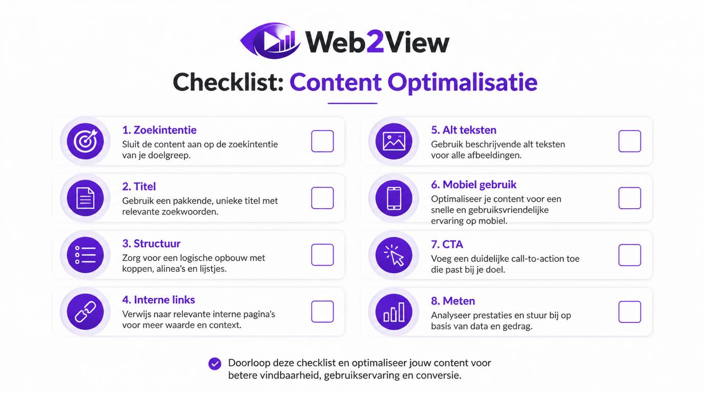checklist voor content optimalisatie met zoekintentie titel structuur links en meting