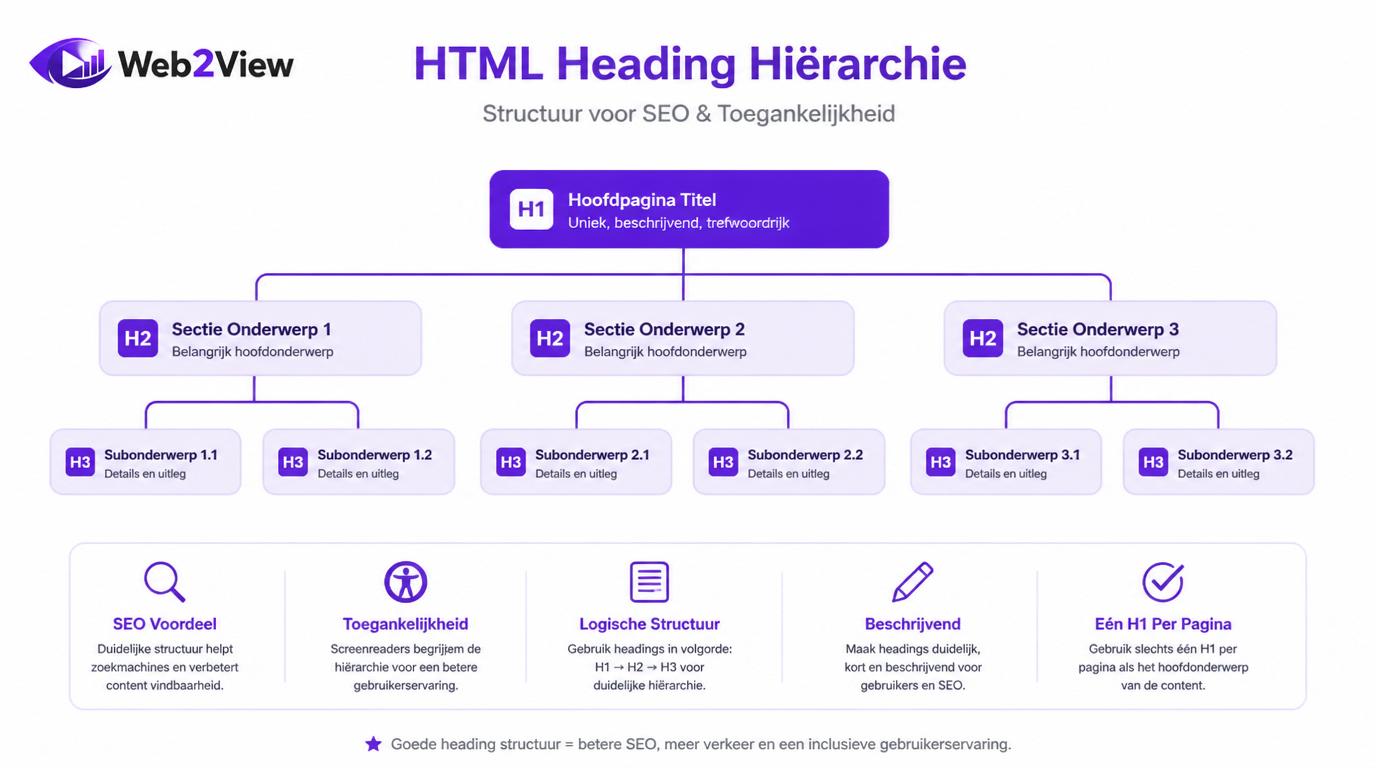 infographic van HTML heading hiërarchie met H1 H2 en H3 structuur