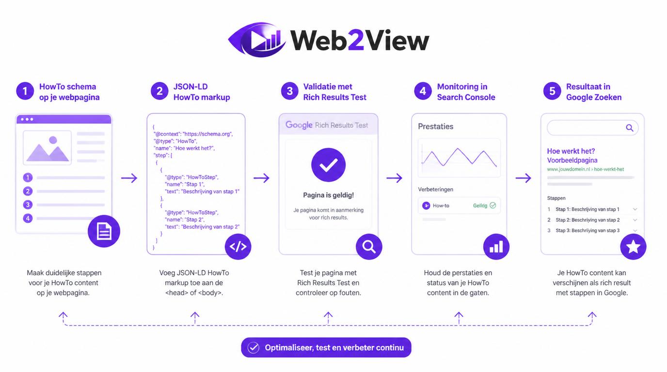infographic van HowTo schema met zichtbare stappen JSON-LD markup validatie en monitoring