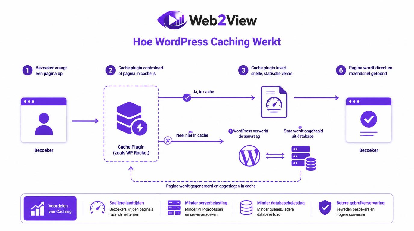 schema van hoe WordPress caching werkt met statische pagina cache en minder databasebelasting