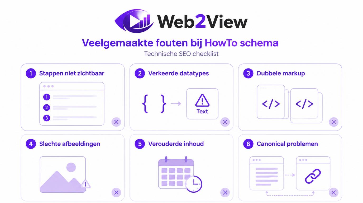 checklist met veelgemaakte fouten bij HowTo schema zoals onzichtbare stappen verkeerde datatypes en dubbele markup