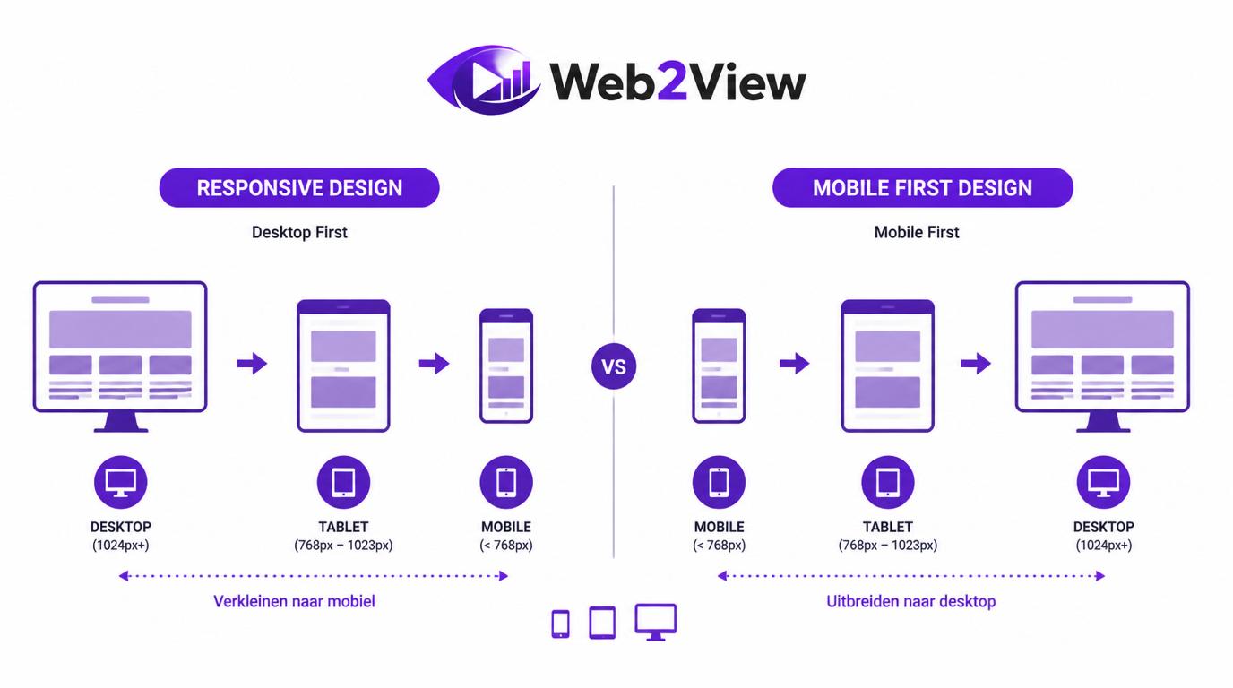vergelijking tussen mobile first en responsive design met desktop naar mobiel en mobiel naar desktop