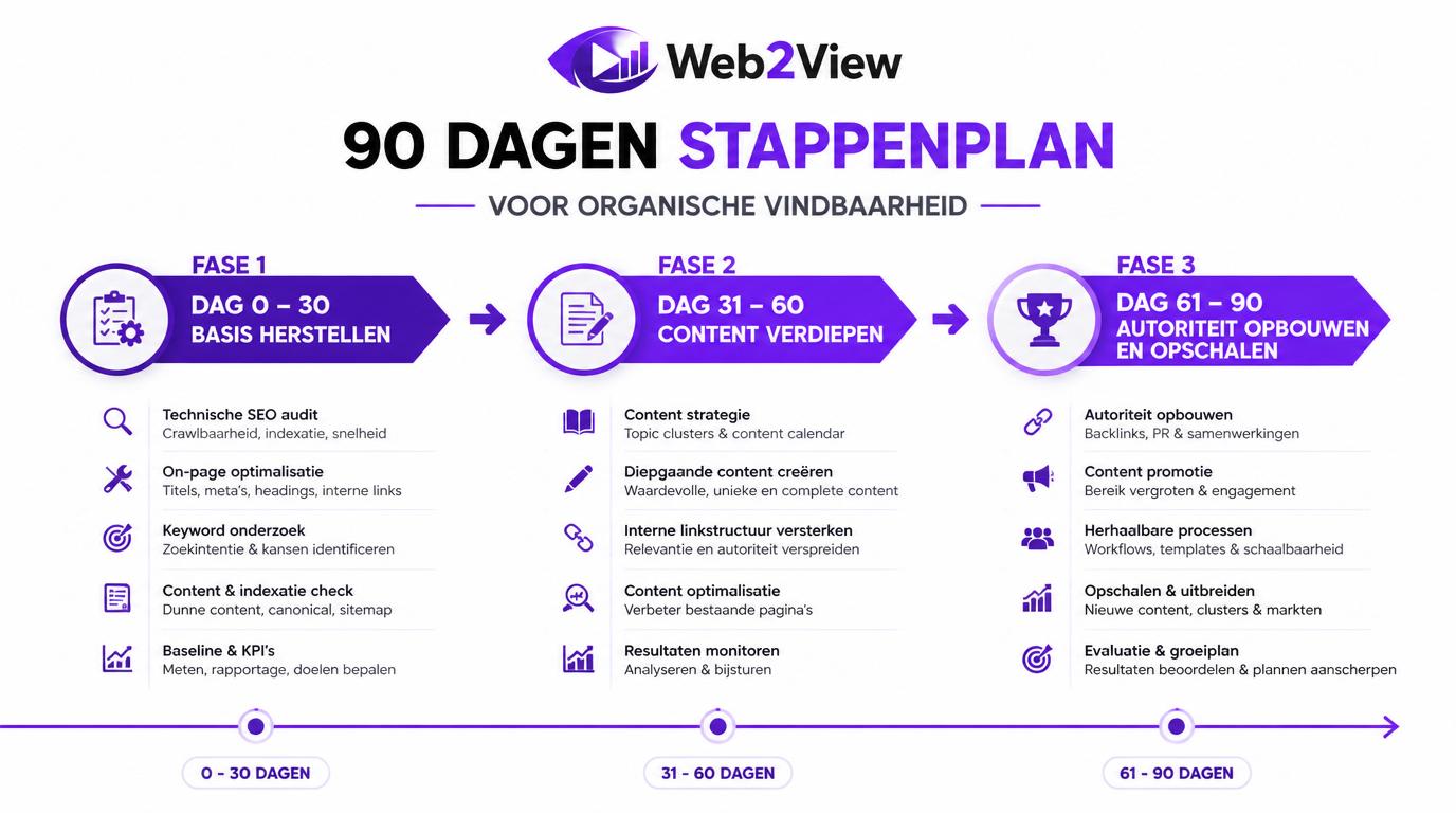 90 dagen stappenplan voor organische vindbaarheid met basis herstellen content verdiepen en autoriteit opbouwen