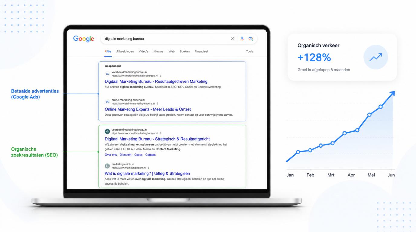 organische zoekresultaten in Google met stijgend organisch verkeer op laptop