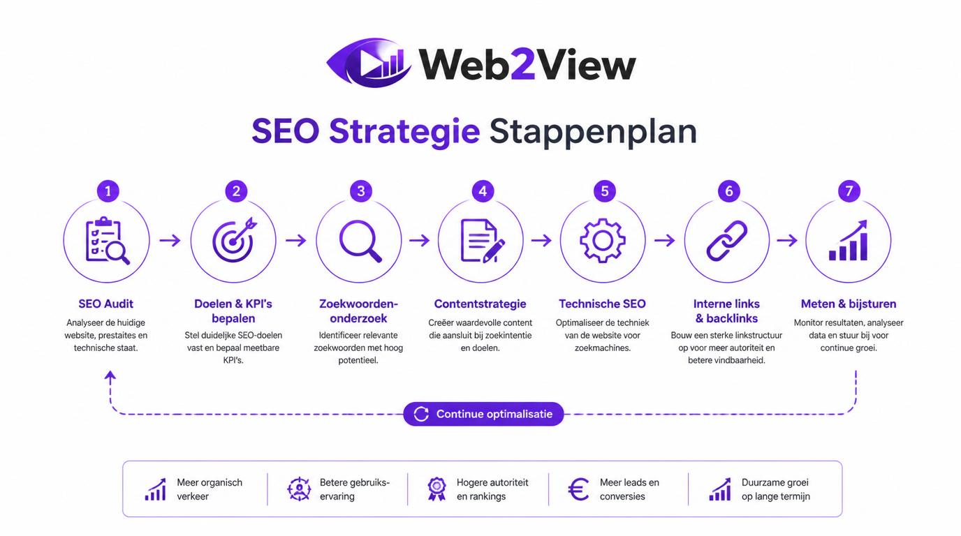 stappenplan voor SEO strategie met audit zoekwoordenonderzoek content techniek autoriteit en meten