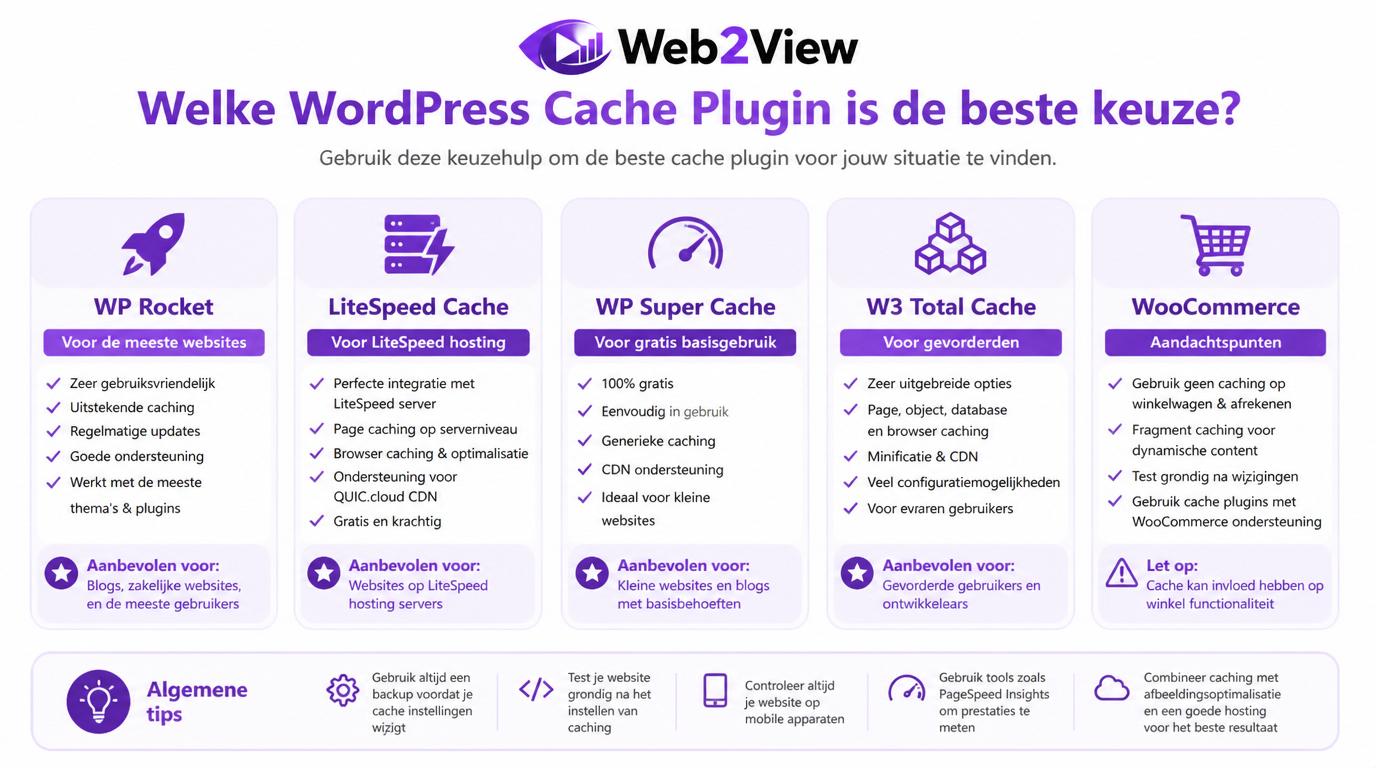 keuzehulp voor beste WordPress cache plugin met WP Rocket LiteSpeed Cache WP Super Cache en W3 Total Cache