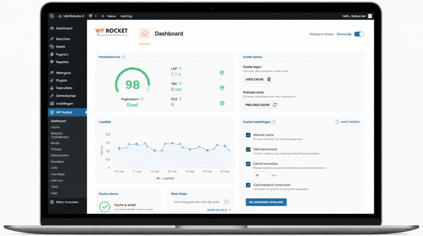 WordPress performance dashboard met cache plugin instellingen en snelheidsscore