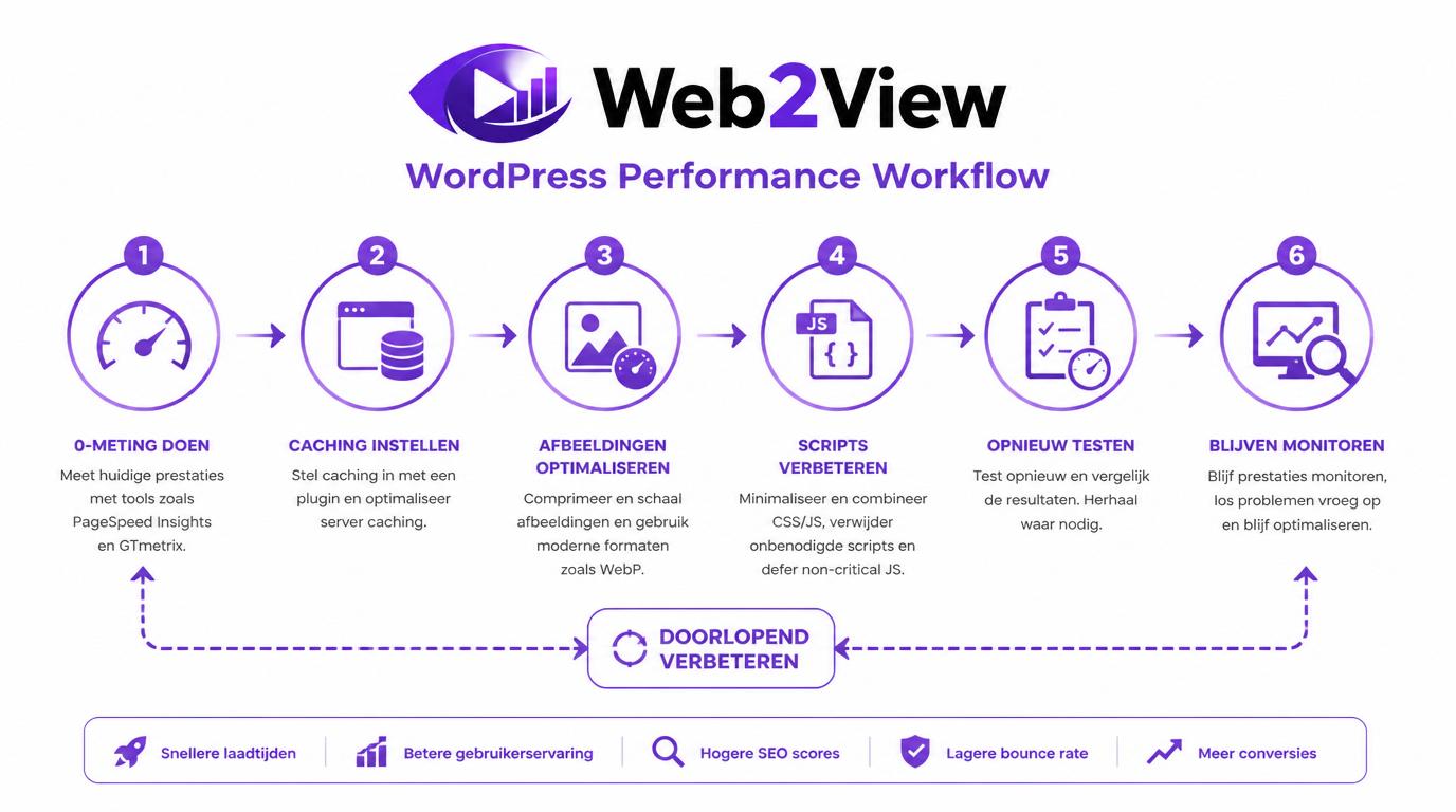 workflow voor WordPress performance optimalisatie met nulmeting verbeteren opnieuw testen en monitoren