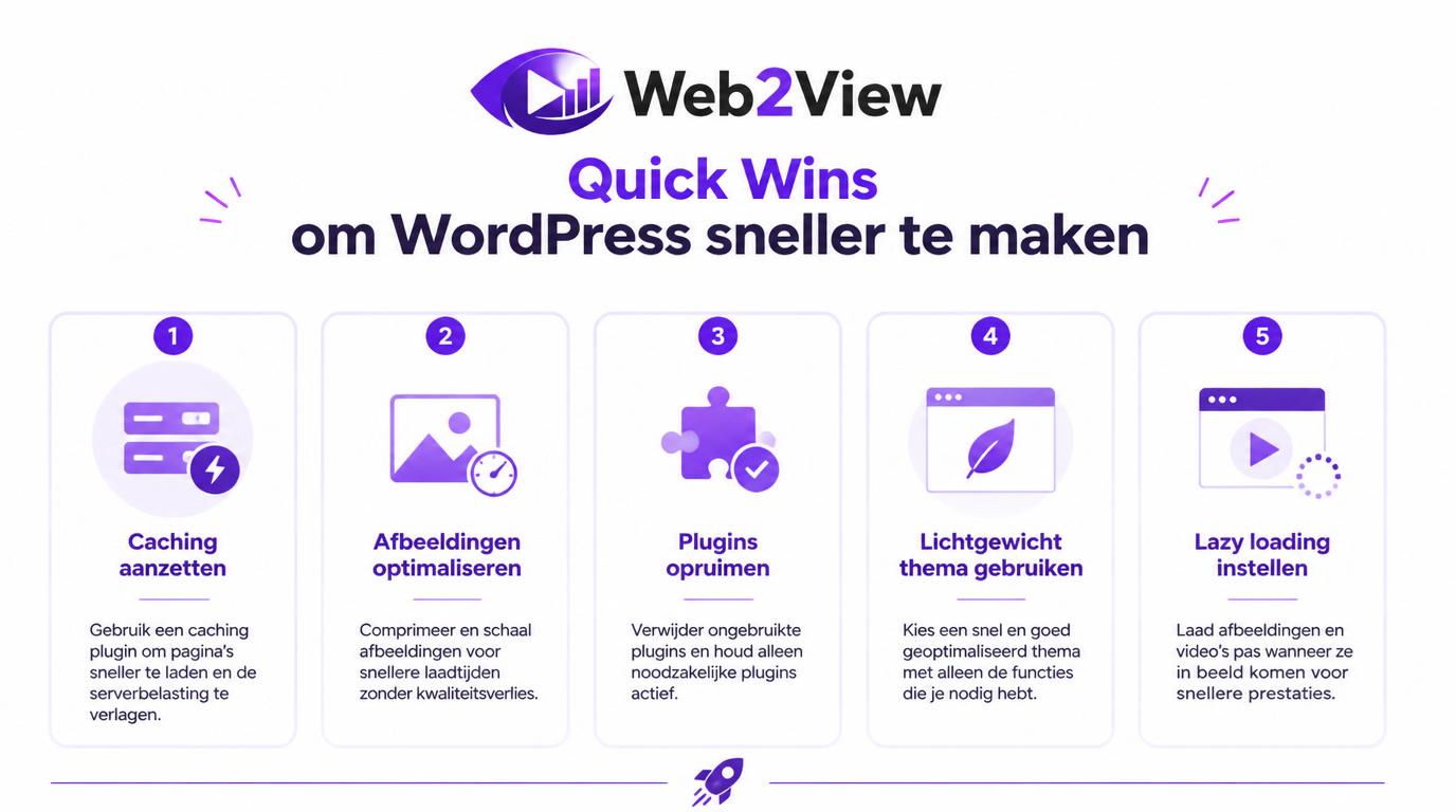 quick wins om WordPress sneller te maken zoals caching afbeeldingen plugins en thema optimaliseren